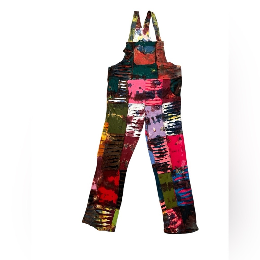 Kathmandu Imports Colorful Tie Dye Patchwork Unisex Cotton Knit Overalls NWT - Picture 2 of 8